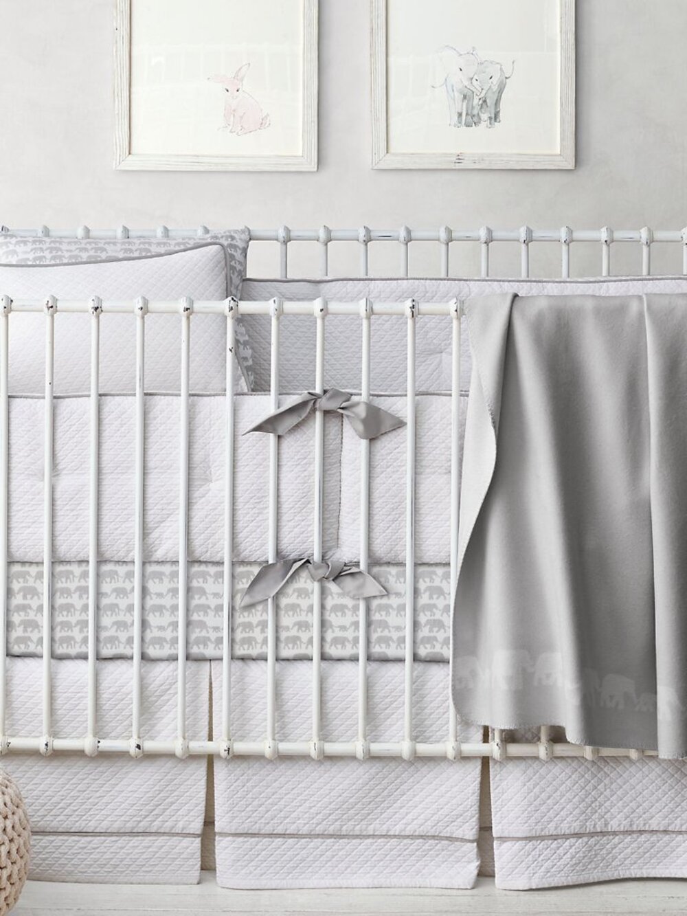 RH Baby Vintage-Washed Diamond Matelassé Crib Skirt with Blue/Gray Trim